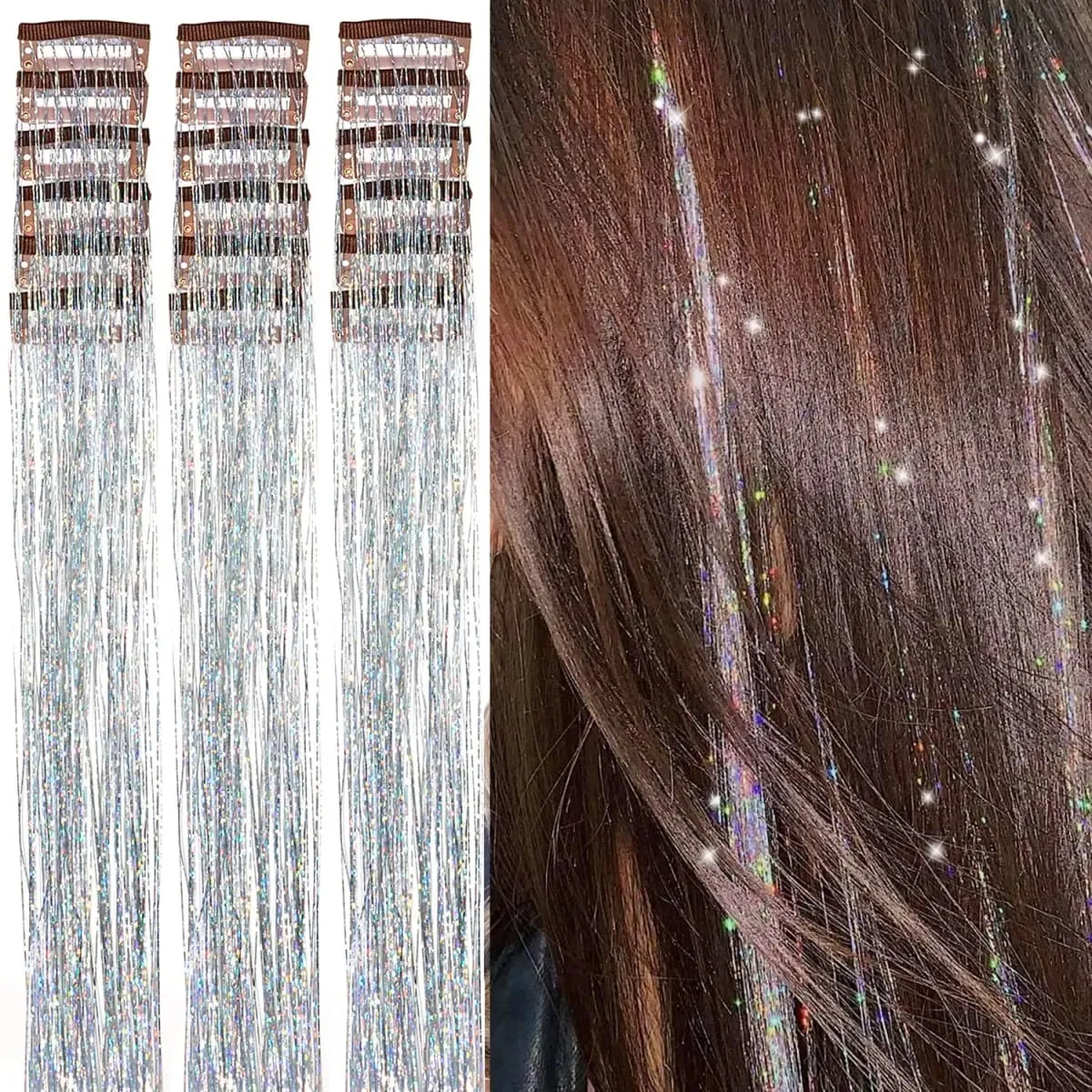 Επεκτάσεις μαλλιών 20 ιντσών Glitter Tinsel με κλιπ σε 6 τμχ/Σετ συνθετικό κλιπ σε Sparkle Fairy Hair Αξεσουάρ για Γυναικεία Παιδιά
