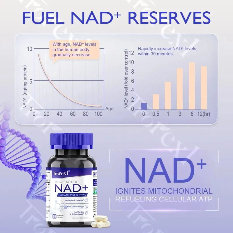 תוסף NAD + Resveratrol NAD Plus Boosting - תומך באנרגיה סלולרית אנטי אייג'ינג מטבוליזם בריאות העור