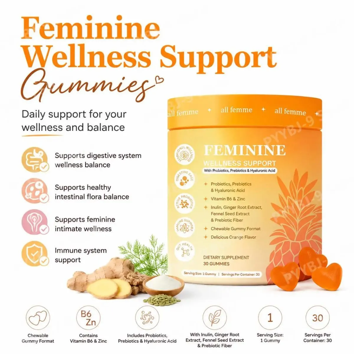 All Femme Chewable Feminine Wellness Support Gummies with Probiotics Prebiotics Hyaluronic Acid Vitamin B6 and Zinc 30 Gummies — image 1