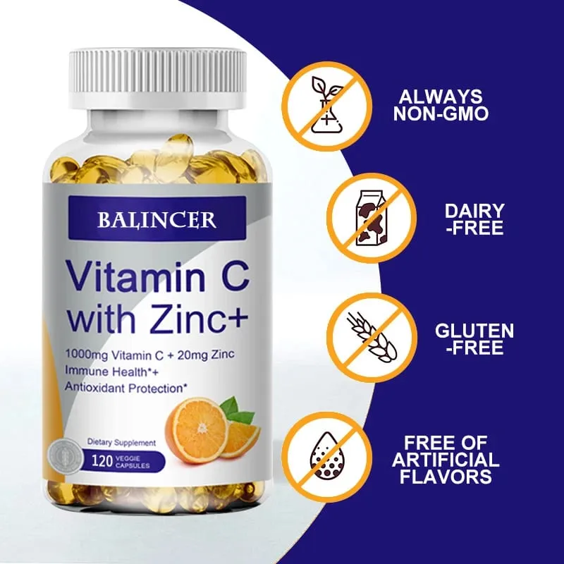 C-vitamin cinkkel Biológiailag hozzáférhető aszkorbinsav, cink-oxid, nem GMO és gluténmentes kiegészítő