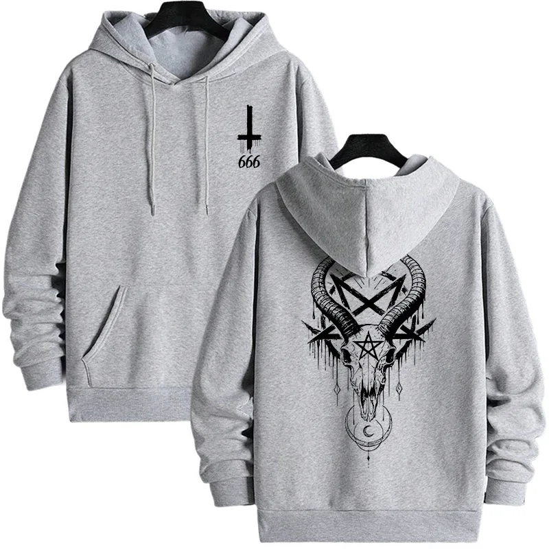 Musim Gugur Musim Sejuk Lelaki Topi Pullover Kasual 666 & Salib Terbalik Hoodies Gothic Lelaki Bercetak Seram Setan Baju Jalanan — image 7