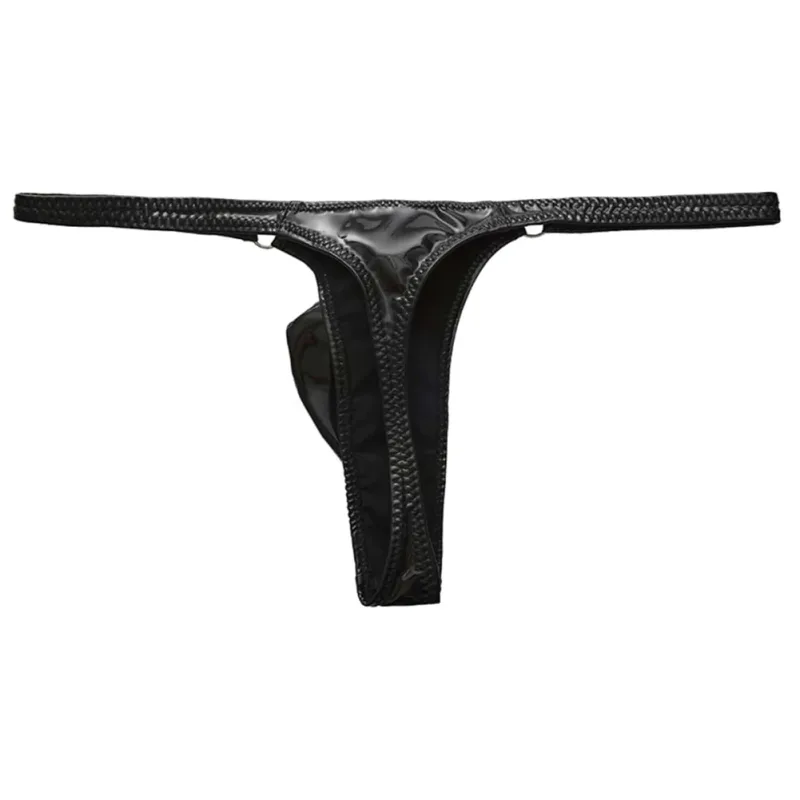 1pc Men Shiny Leather Waist With Metal Ring G-strings Thongs Gay Bulge Pouch Low Waist Stretchy Underwear Butt-Exposing Sexy