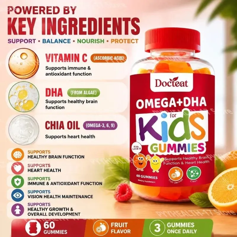 حلوى Docteat Omega+DHA للأطفال مع DHA من الطحالب وفيتامين C وزيت الشيا أوميجا 3 6 9 لدعم الدماغ والرؤية 60 علكة — image 2