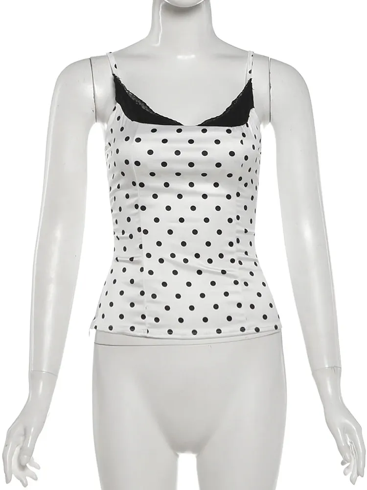 Furcsa punci szexi csipke patchwork camisole női divatos elegáns, pöttyös szögletes gallér Skinny Y2K hottie utcai parti klubmellény