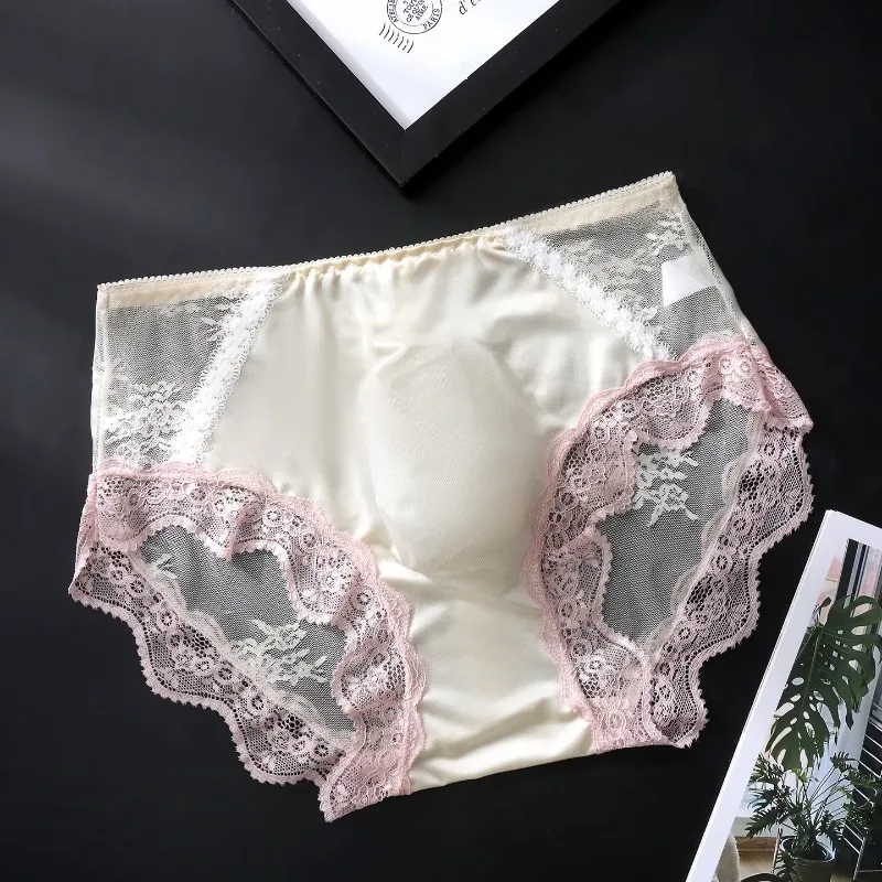 Large Size Women Panties for Men Soft Lace Satin Silky Briefs Mid Rise Bulge Pouch Underpant Sweet Sissy Crossdresser Underwear