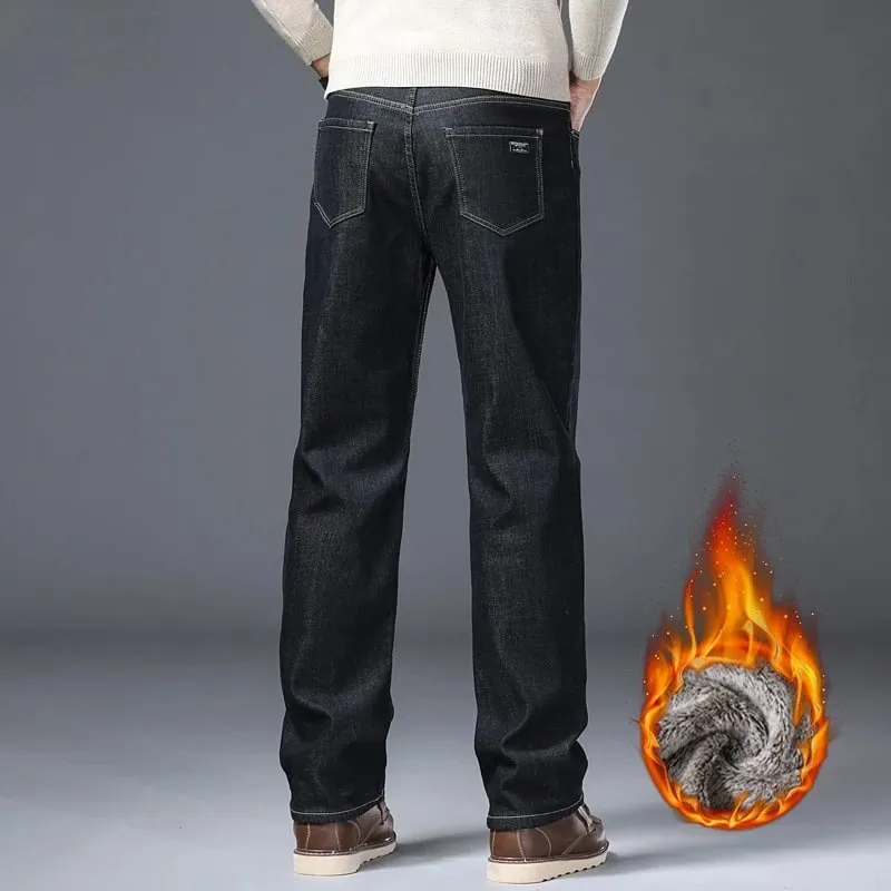 ג'ינס לגברים מרופד עבה ג'ינס חורף מתיחה חמה Slim Fit מכנסי ג'ינס מכנסיים רכים נוחים ללבוש יומיומי לעבודה