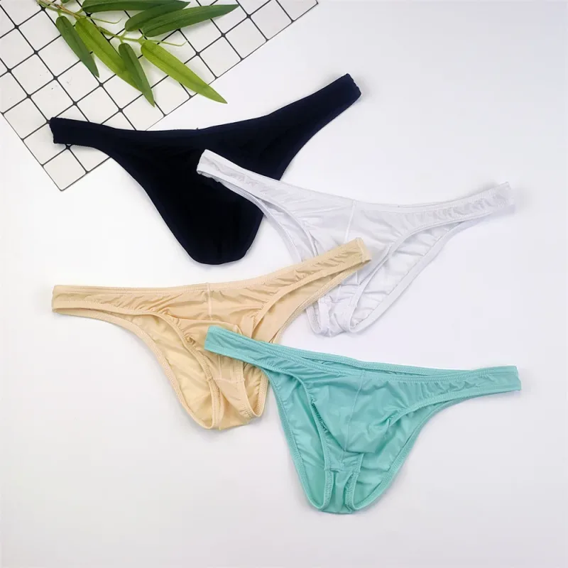 4PCS Men High Fork Briefs Mid Waist Elastic Ice Silk Brief Summer Underpants Ice Silk U Convex Pouch Male Underwear Silky Shorts