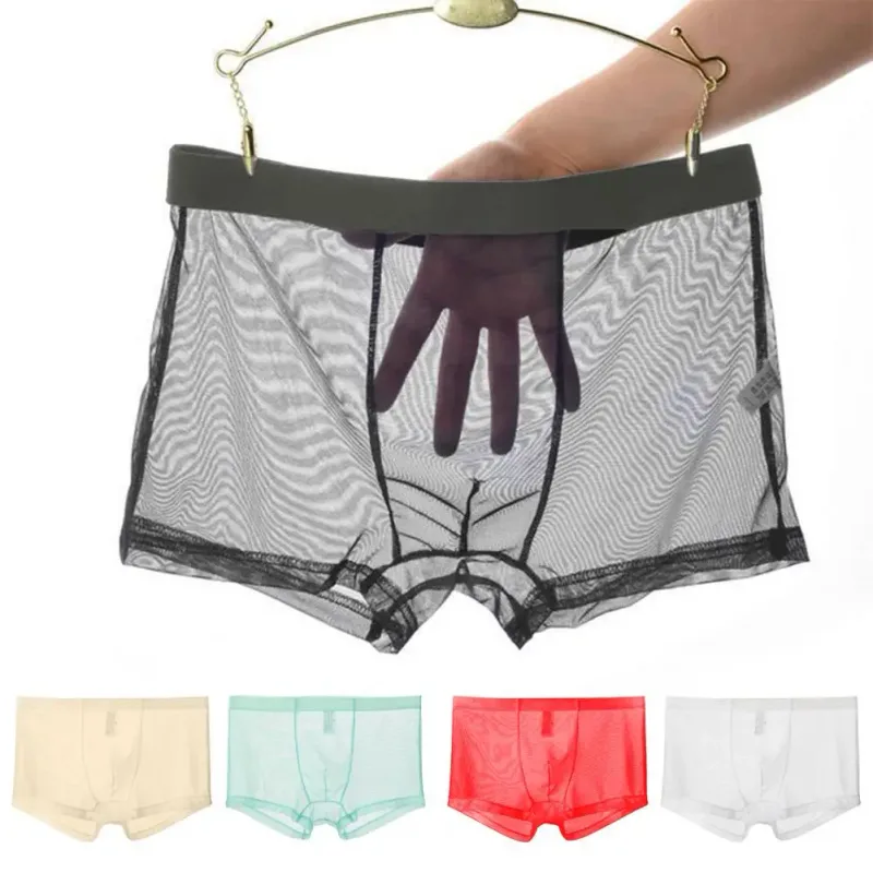 Transparent Boxers for Men See Through Male Underpants Sexy Mesh Low Waist Ice Silk Thin Cooling Men Panties Men Underwear — image 1