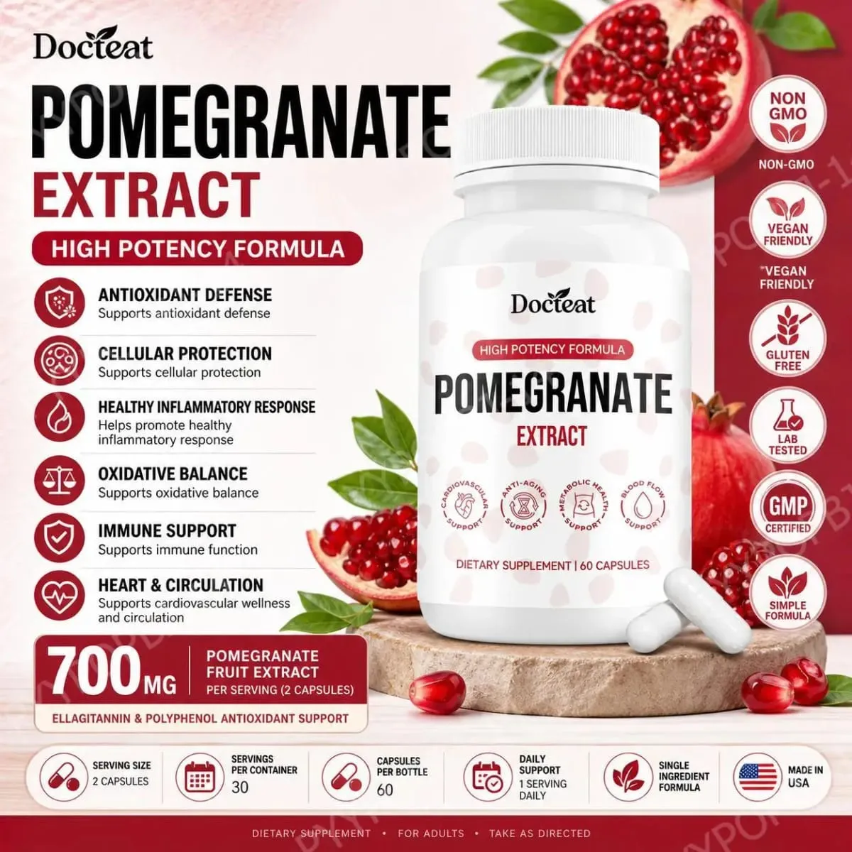 Docteat Pomegranate Fruit Extract Capsules Ellagitannin Antioxidant Defense Immune Support and Oxidative Balance 60 Capsules — image 2