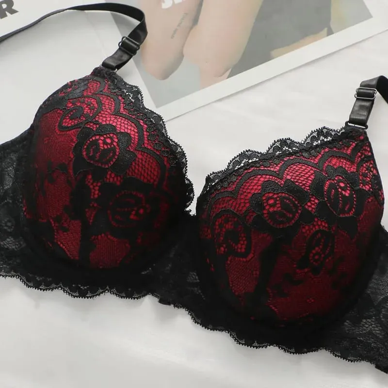 女性の赤と黒のレースのブラジャーとパンティ セット プッシュアップ アンダーワイヤー ランジェリー 2026