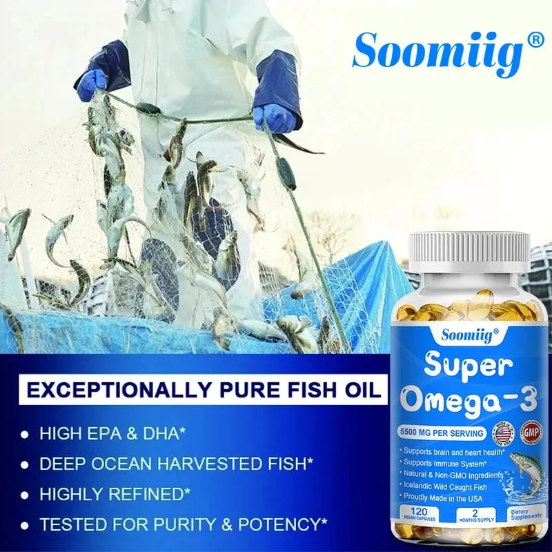Omega 3 Fish Oil - with DHA & EPA - Supports Brain Nervous System Cardiovascular Skin Health Antioxidant - 120 Capsules