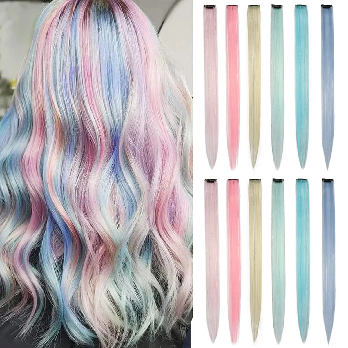 Multicolor Clip in Hair Extensions Mix talmi Színes hajhosszabbítás 2 az 1-ben szivárványos haj ezüst talmákkal gyerekeknek, lányoknak