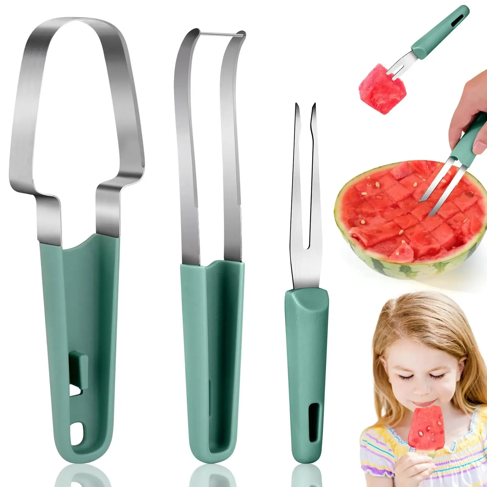 3-in-1 Watermelon Fork Slicer Cutter 2024 Stainless Steel Fruit Watermelon Cutting Tool Fork Slicer Knife Set for Home Kitchen