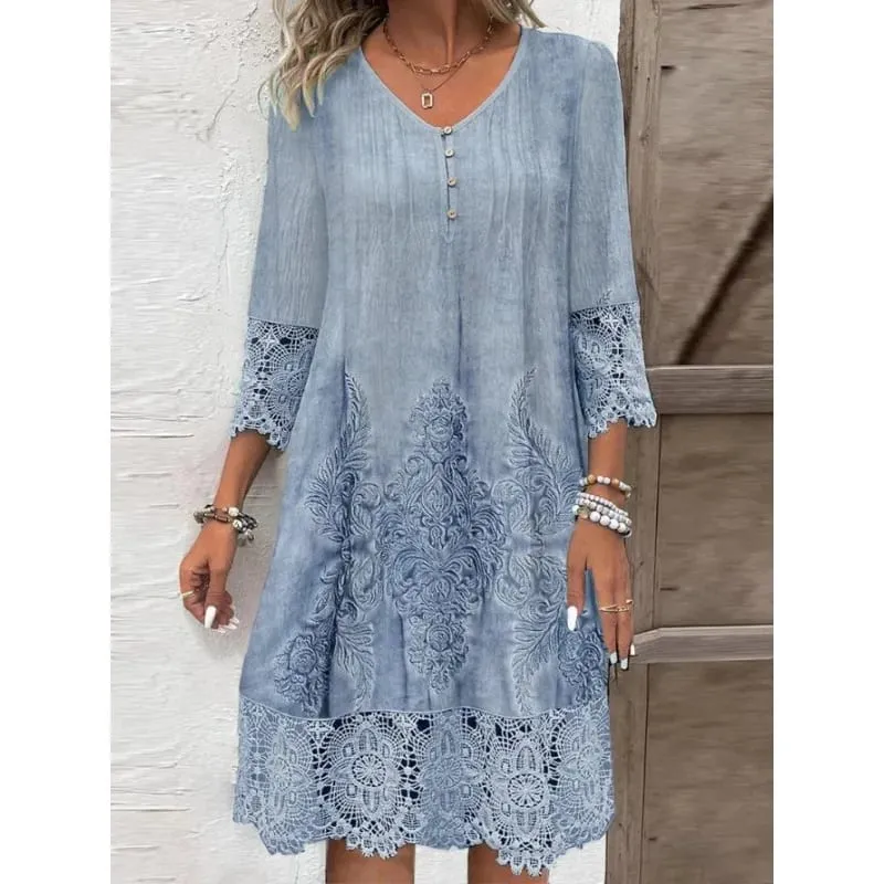 Fashion Summer Dresses 2024 Summer New 3D Pattern Lace Splicing Hollowed Out Midi Dress Casual Short Sleeve Dresses Lady Vestido — image 2