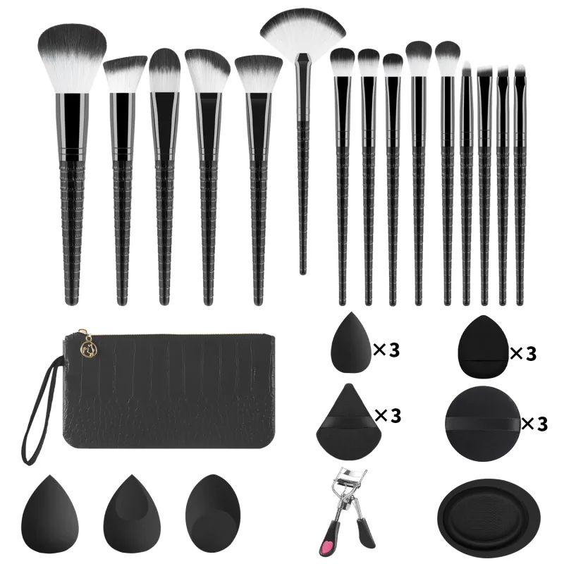 33Pcs All In One Makeup Tools Set 15 Brushes Beauty Sponges Powder Puff Eyelash Curler With Storage Bag For Full Face Makeup