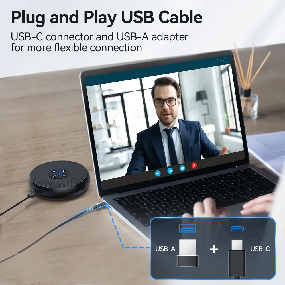USB Wired Speakerphone Conference Speaker With 2 Mics 360° Voice Pickup Meeting Microphone for Zoom/WebEx/Microsoft Teams