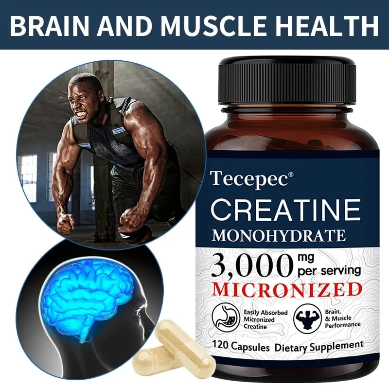 Creatine Monohydrate 3000 mg Capsules Supports Pre-Workout and Healthy Muscles Focus & Memory Easy to Absorb Easy to Swallow