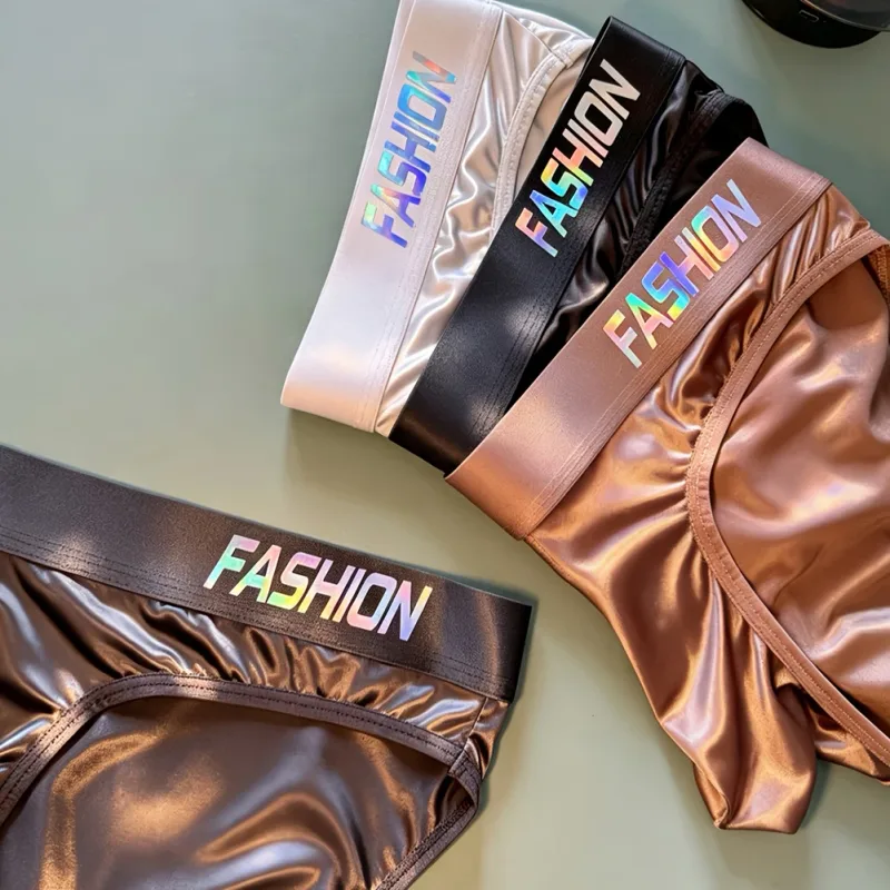 Men Glossy Satin-like Smooth Brief Ice-Silk Hip Wrap LargePouch Satin Silky Briefs Low Waist Gradient Letter Glossy Underwear