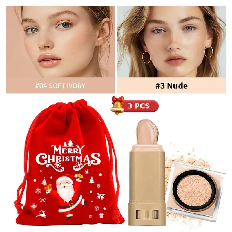Foundation Stick & Loose Setting Powder Water-Resistant Longwear Full Coverage Oil-Control Beginner Makeup Set Christmas Gift