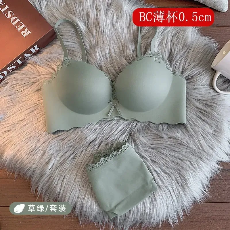 セクシーWomen Wireless Seamless Bra Set One‑Piece Push‑Up Brassiere Small Bust Side Support Anti‑Sag Soft Ladies Intimates Lingerie