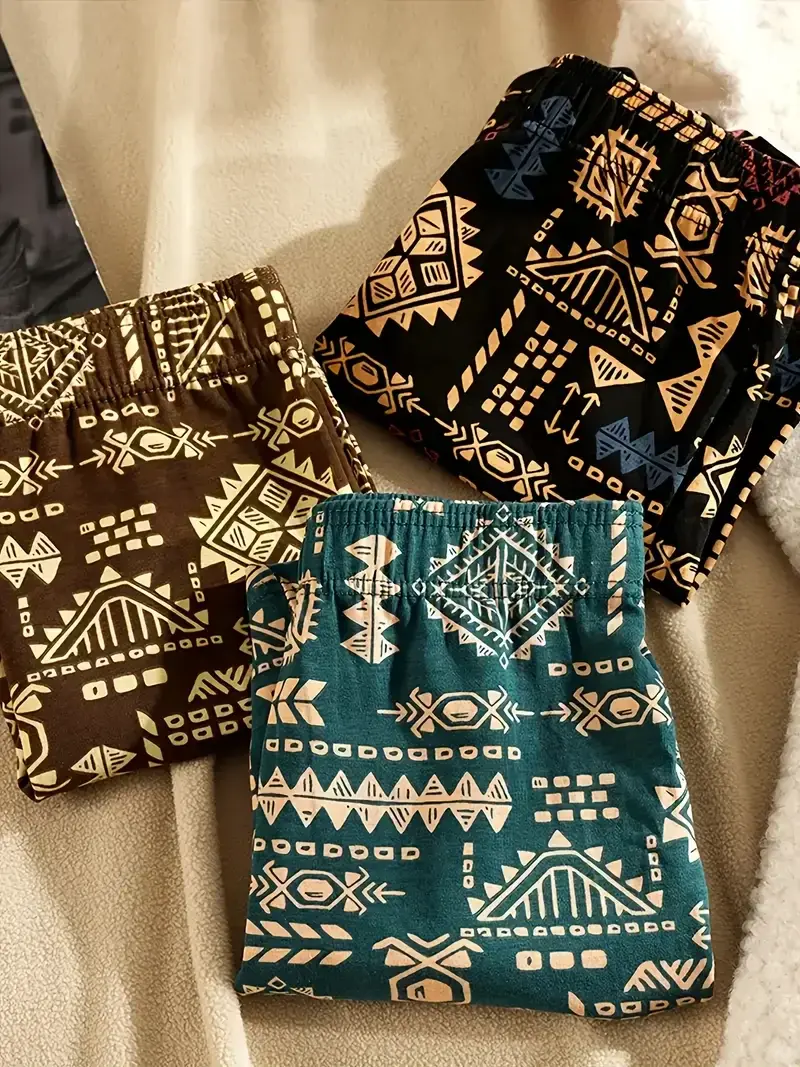 3PCS/SET Retro Ethnic Style Men's Underwear Print Men Boxer Shorts Aro Pants Trendy Casual Home New Breathable Men's Underpant — image 5