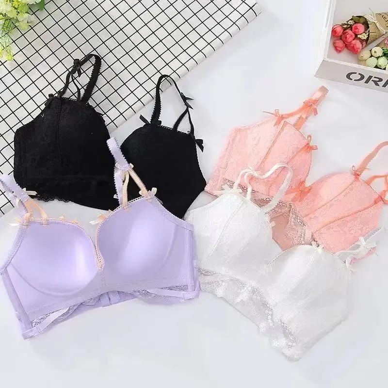 Bagong Sweet Seamless Lace Push Up Lingerie Para sa mga Babae Maliit na Breast Gathering Non-steel Ring Adjustable Bra Set