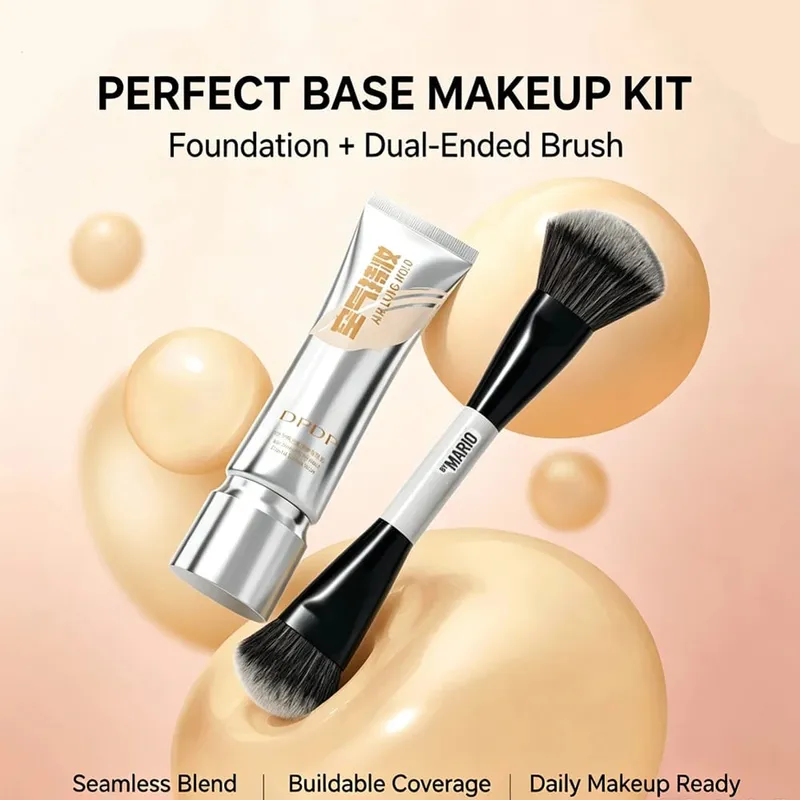 30ml DPDP Long-wear Liquid Foundation + F4 Dual-ended Foundation Brush Makeup Set Long Lasting Coverage Base Cosmetic Applicator