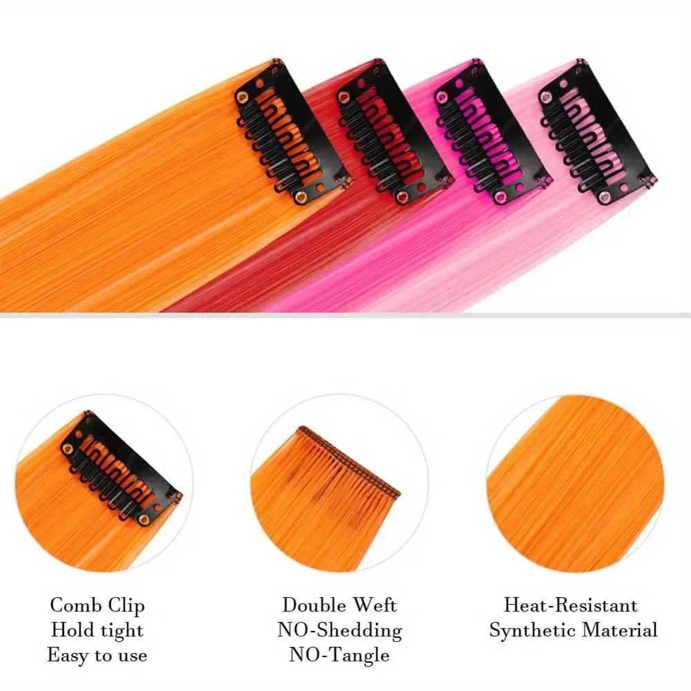 12pcs/pack Rainbow Colored 22 Inch Clip-in Hair Extensions Long Straight Synthetic Hairpieces for Women Girls Party Highlights — image 3