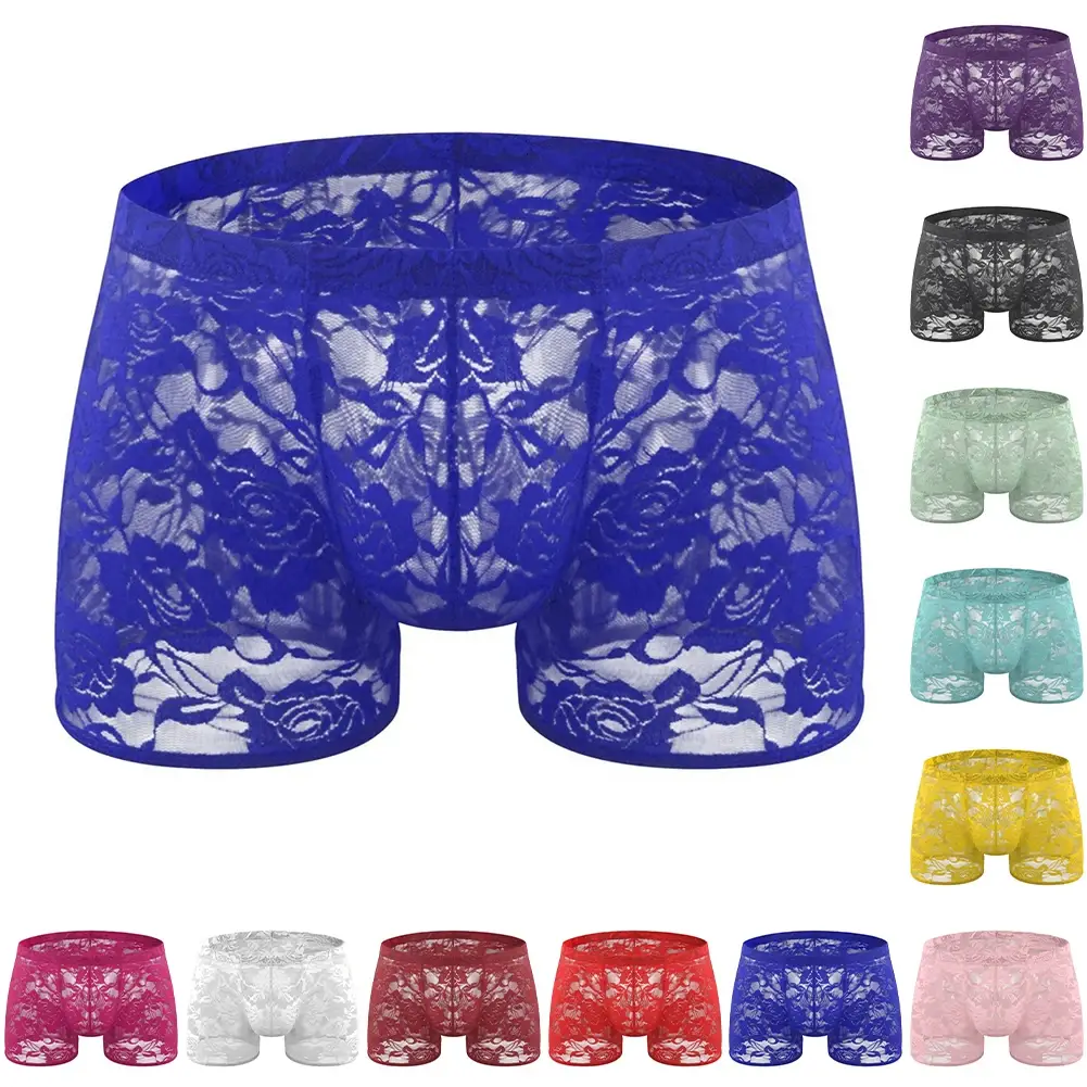 Men See Through Lace Boxer Shorts Bulge Pouch Low Waist Underwear Solid Panties Elastic Waist Breathable Transparent Underwear — image 12