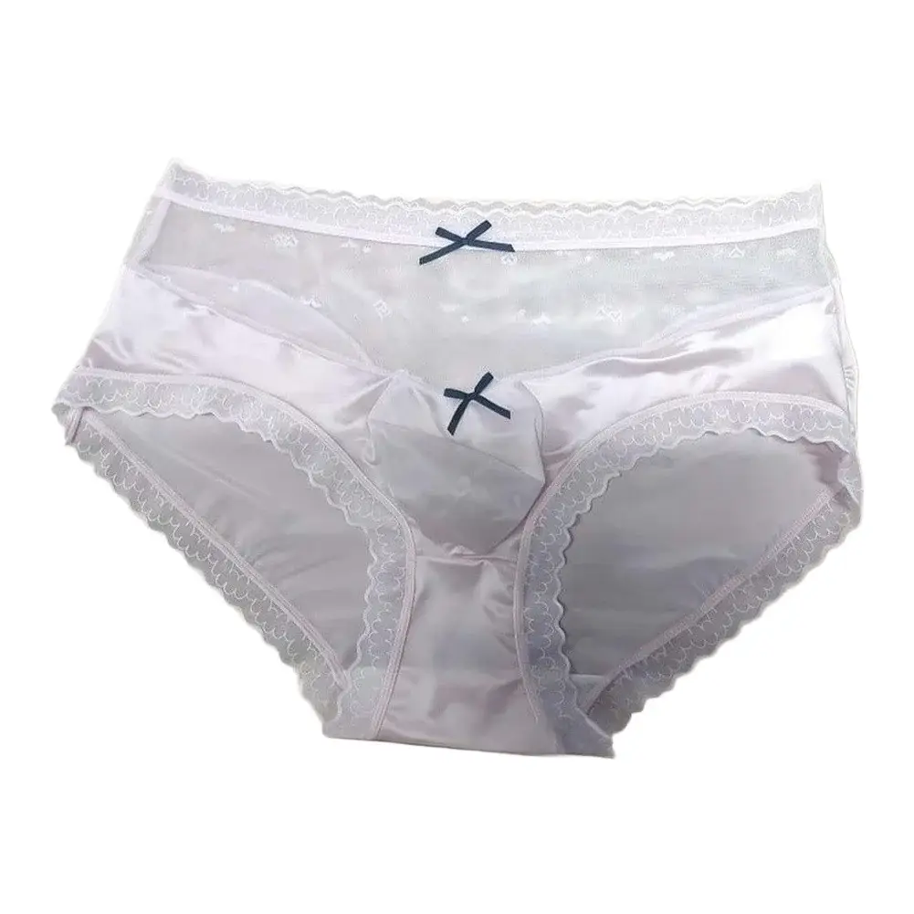 Men Satin Lace Brief Underwear Sweet Bow Decoration Sheer Mesh Waistband Scalloped Lace Trim Soft Smooth Fabric Sexy Male Briefs