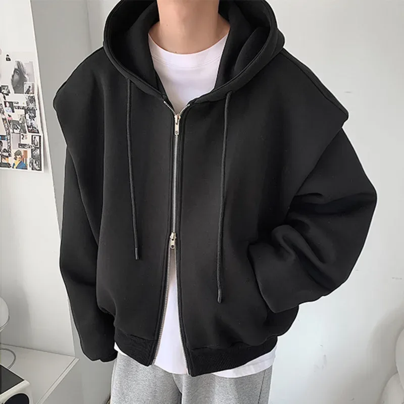2024 otoño nuevo diseño de hombro acolchado ropa de calle firme hombres doble cremallera sudaderas con capucha Harajuku Casual sudaderas con capucha diarias