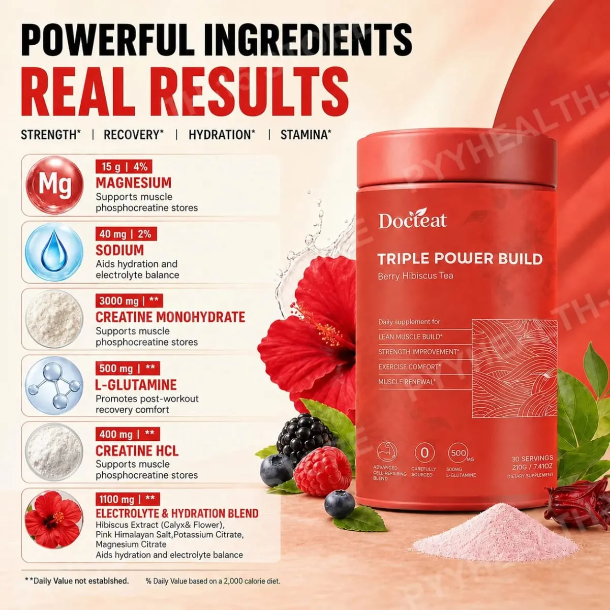Docteat Creatine Monohydrate Powder with Creatine HCl L-Glutamine and Electrolytes for Muscle & Workout Support Berry Hibiscus — image 5