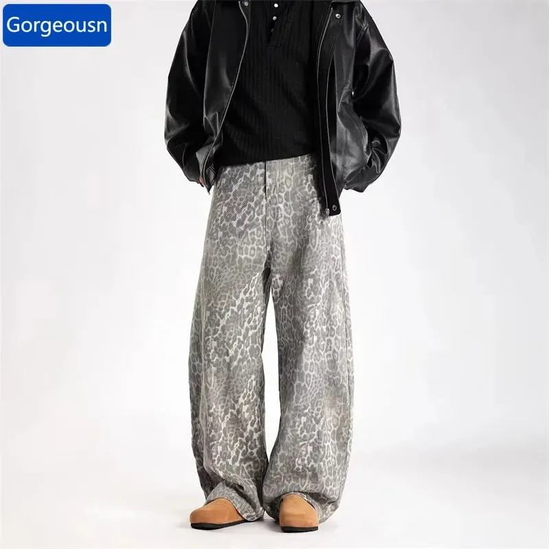 2026 Νέο Vintage Distressed Leopard Printed Y2K Jeans Ανδρικό High Street φαρδύ κυρτό τζιν παντελόνι Hip Hop Fashion Punk Jean — image 2