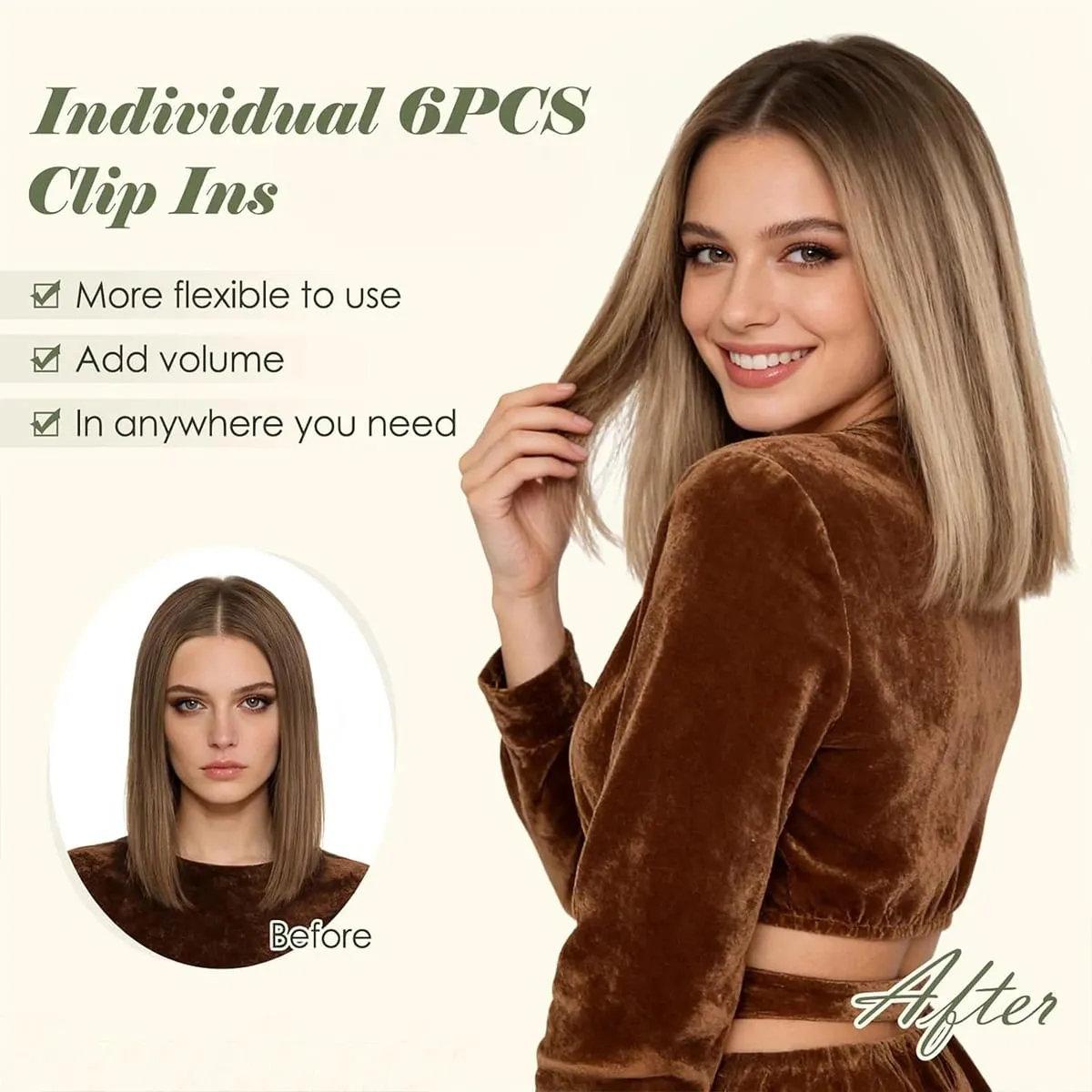 6PCS 6 Clips In Synthetic Hair Extensions Medium Short Straight Clip In Highlights Hairpiece For Women Daily Use