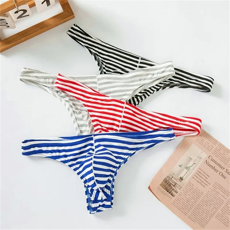 Europe Men's Striped Bikini Briefs Low Waist Sexy U Convex Underwear Male Half Covered Buttocks Tanga Panties Plus Size M-XXXL — image 14