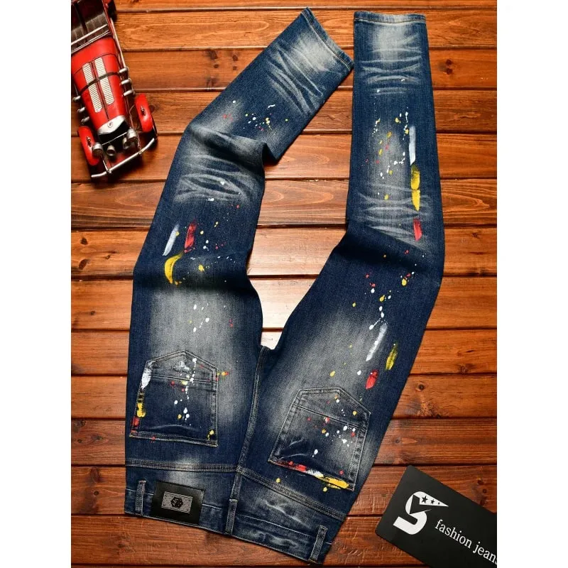 Paint Print Retro Jeans for Men Street Style Trendy Handsome Men's Clothing Distressed Slim Fit American Style Men's Pants