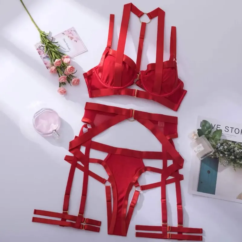 Melltartó + Bugyi + Harisnyakötő + Comb kerülete Fekete Vörös Hollow Out Átlátszó Szexi Női Fehérnemű Szettek Push Up Fehérnemű öltönyök