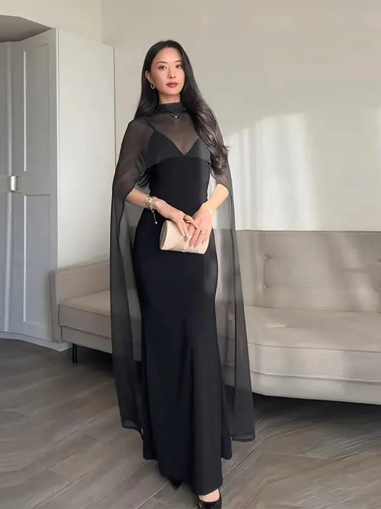שמלות ערב נשים שקוף קייפ אלגנטי Slim צווארון V ללא גב ללא גב ללא שרוולים שמלת חבילת ירך לאישה 2026 Lady Party Vestidos