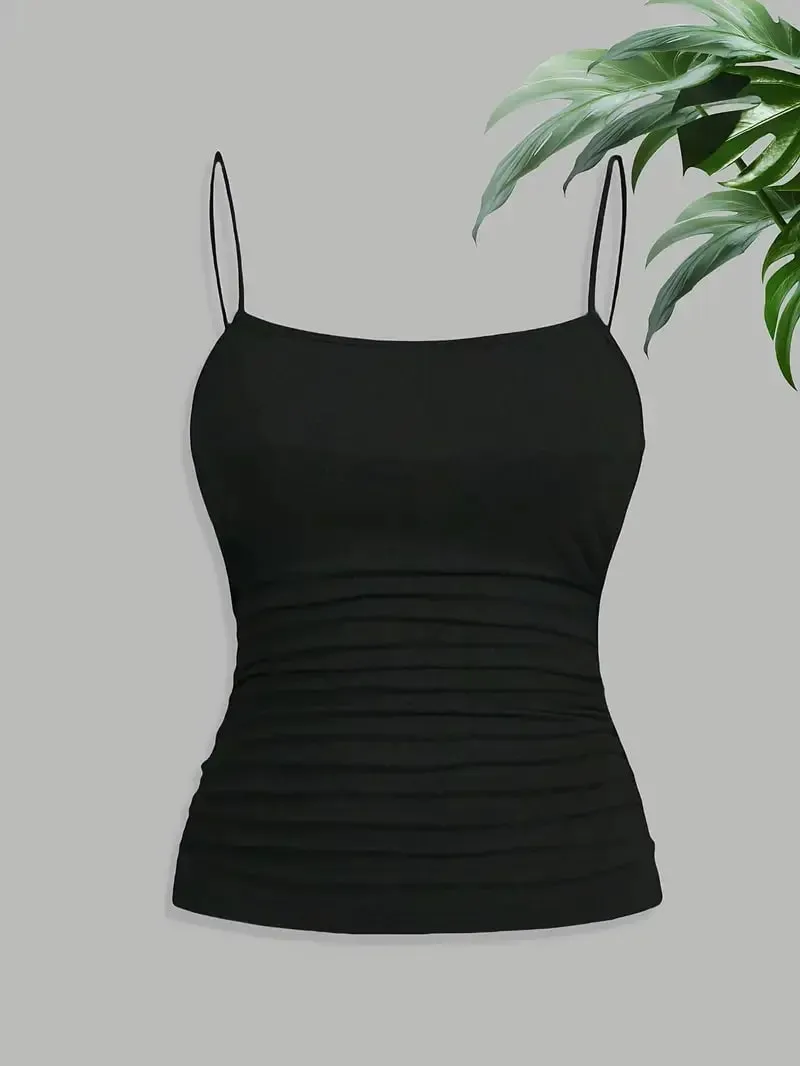 Γυναικείο Κομψό Λεπτό λουράκι Ruched Cami Top Slim Fit Αμάνικο Camisole Soft Stretch Βασικό γιλέκο τανκ Καλοκαιρινή μόδα Εσώρουχα Μαύρο — image 3
