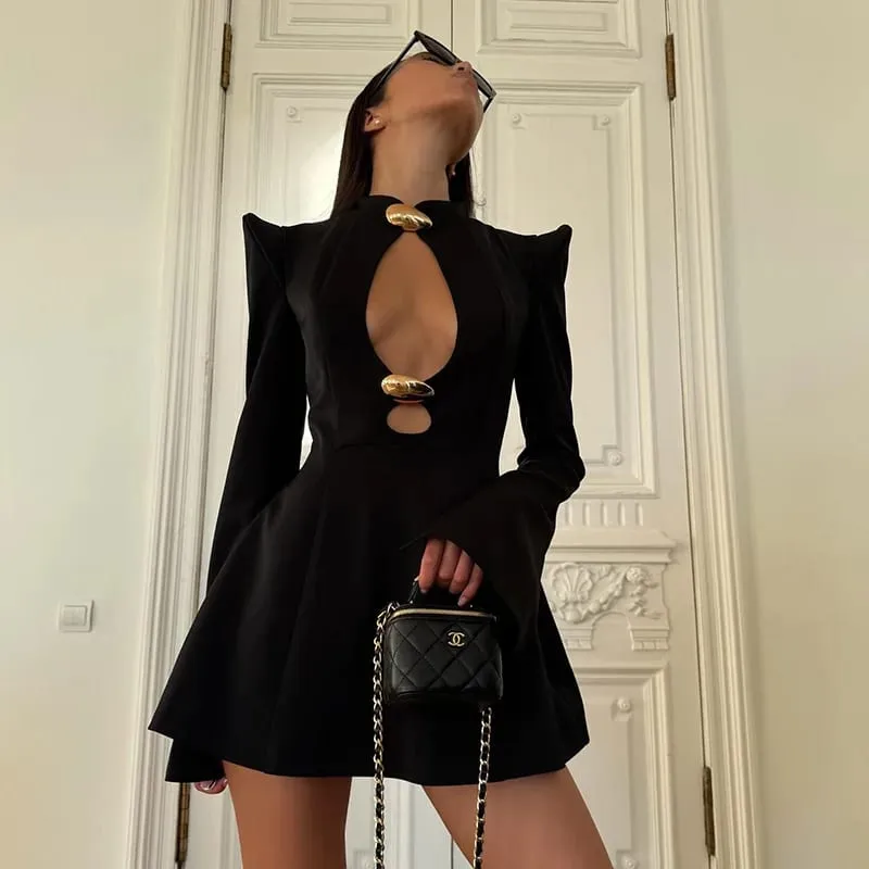 Ahagaga elegante dames mini-jurken effen sexy bodycon slim fit uitgehold normaal lange flare mouw een lijn trend casual dames