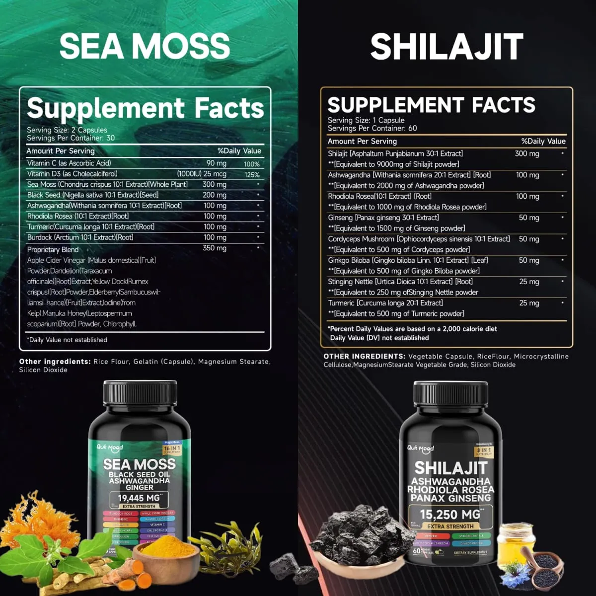 Bundle Sea Moss and Shilajit |High Potency Vitality Combo - Ashwagandha Turmeric Bladder Burdock 2000 Mg & Ginger Vitamin C
