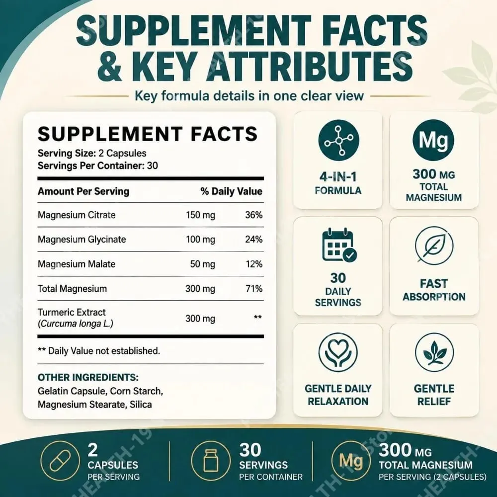 TriMagnes 4-in-1 Magnesium Complex Capsules 300mg with Citrate Glycinate Malate Turmeric for Nerve Comfort Muscle Relax 60 Ct