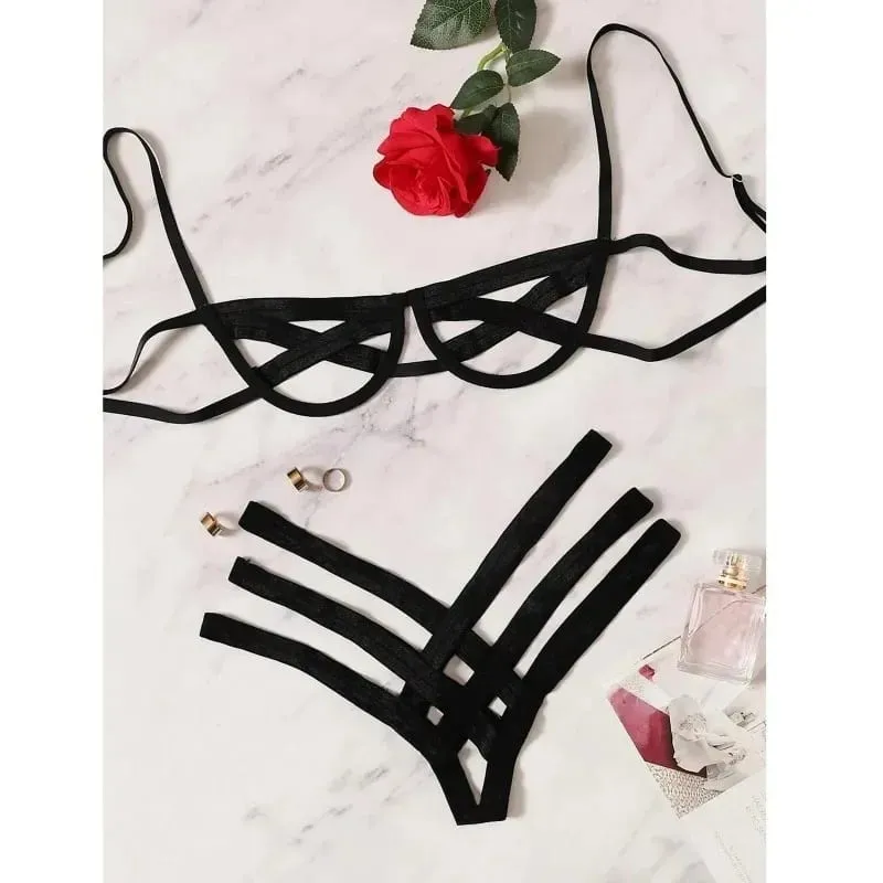 Σετ εσωρούχων Bondage Harness Γυναικεία Elastic Hollow Out Σετ σουτιέν Μαύρο στρινγκ με κλουβί, Σέξι Intimates Εξωτικά Εσώρουχα