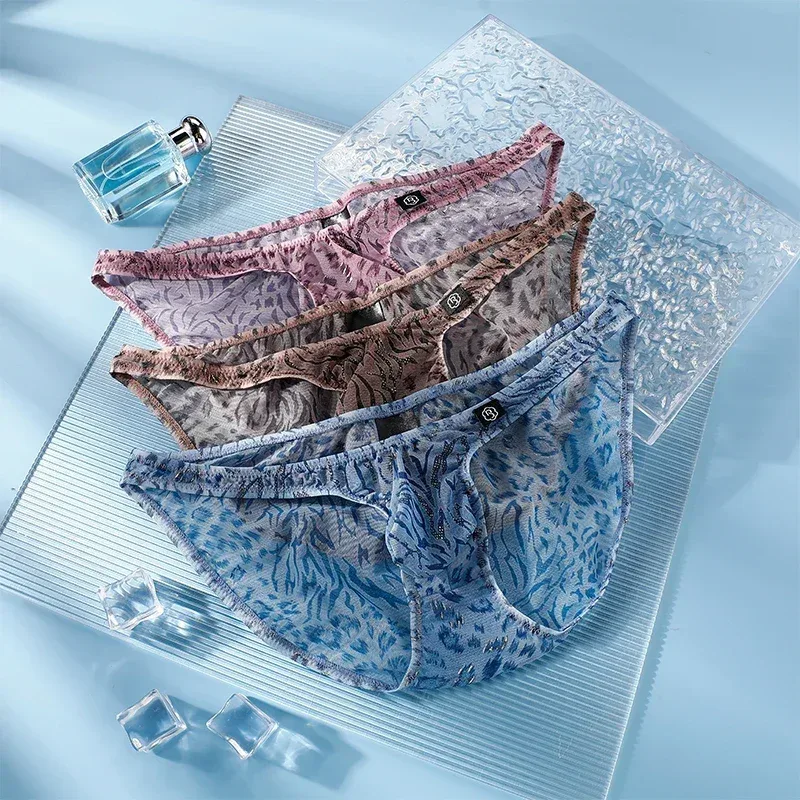 Men Leopard Printed Mesh Underwear Ice Silk Thin Breathable Low Waist Quick Dry Cool Summer Mens Briefs Panties