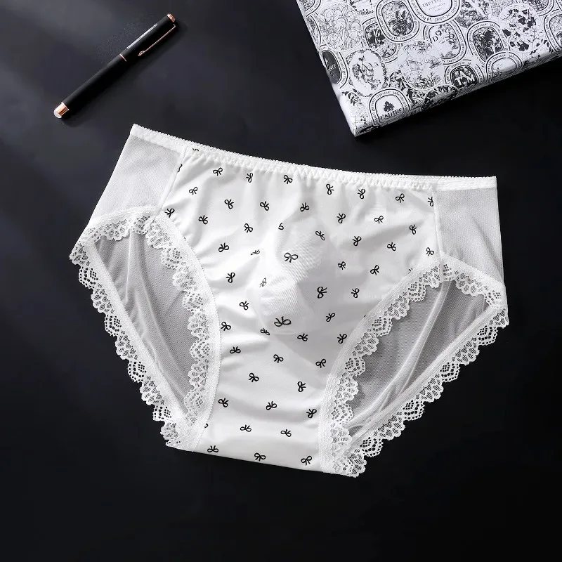 Large Size Mens Sissy Satin Panties Sexy Scalloped Lace Sheer Briefs Glossy Lingerie Mid Rise Lace Bow U Convex Pouch Underpant — image 5