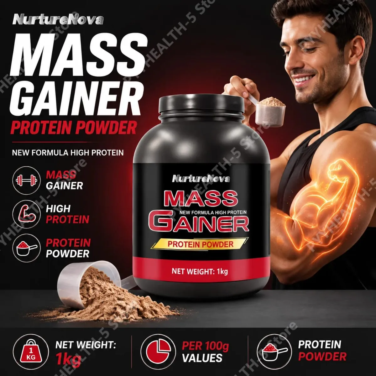 Mass Gainer Protein Powder NurtureNova New Formula High Protein for Muscle Building Support Συμπλήρωμα Αθλητικής Διατροφής 1kg