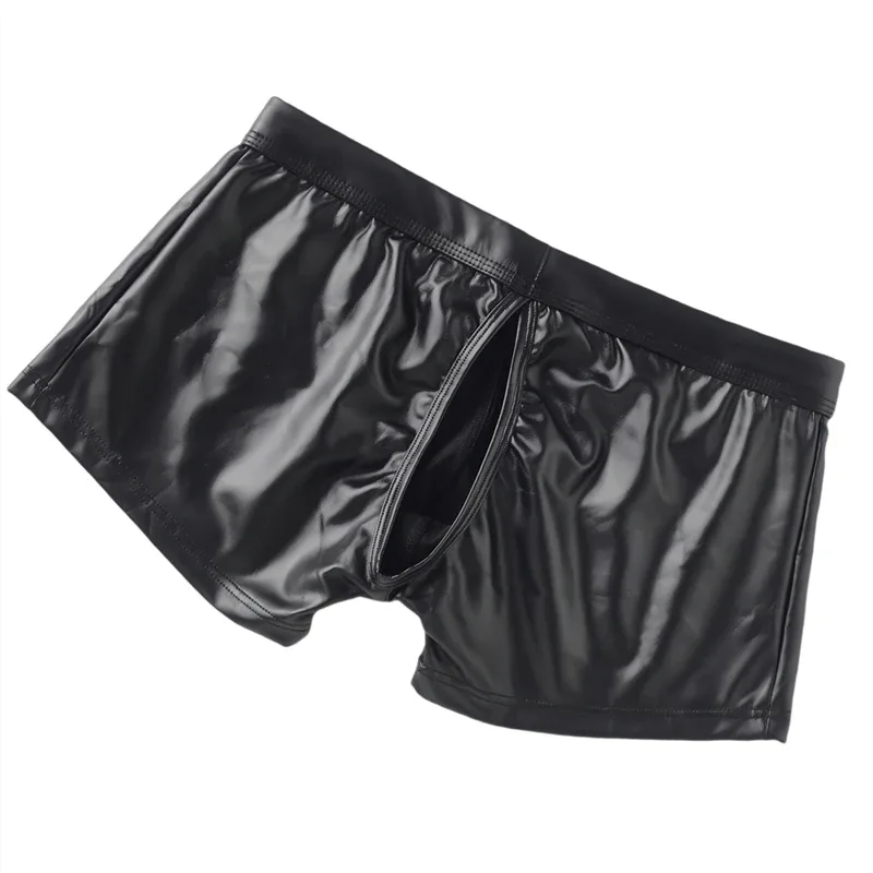 Men's Panties Male Openable Button Underpants Man Sexy Faux Leather Boxers Underwear Hombre Boxershorts Mens Back Hole Boxers — image 7