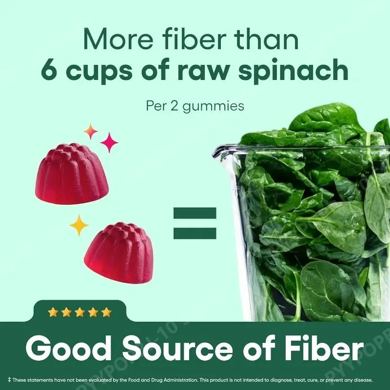Fiber Gummies Digestive Health Regularity Raspberry Lemon Flavor No Sugar Added Vegan Chicory Root Prebiotic 60CT Adults