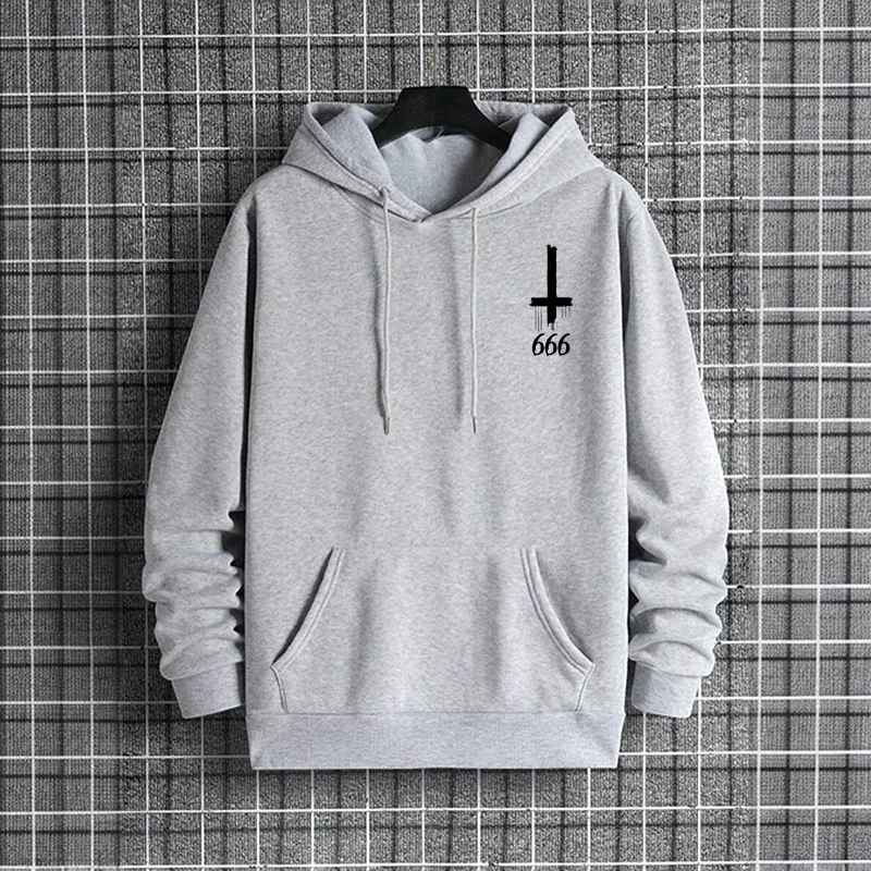 Musim Gugur Musim Sejuk Lelaki Topi Pullover Kasual 666 & Salib Terbalik Hoodies Gothic Lelaki Bercetak Seram Setan Baju Jalanan — image 12