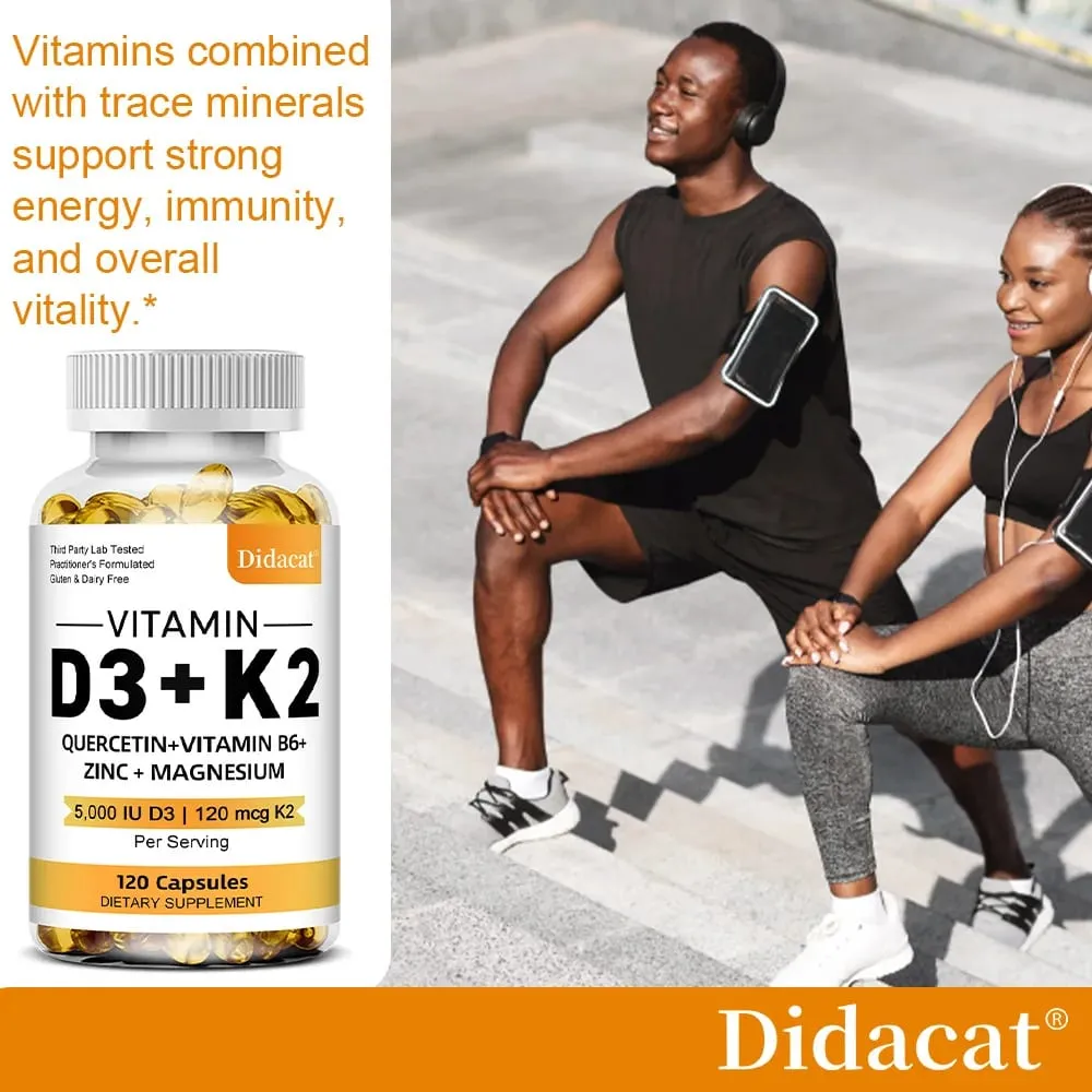 D3 + K2 Vitamin Dietary Supplement - Bone and Heart Health Support Help Regulate Calcium Metabolism - 120 Softgels